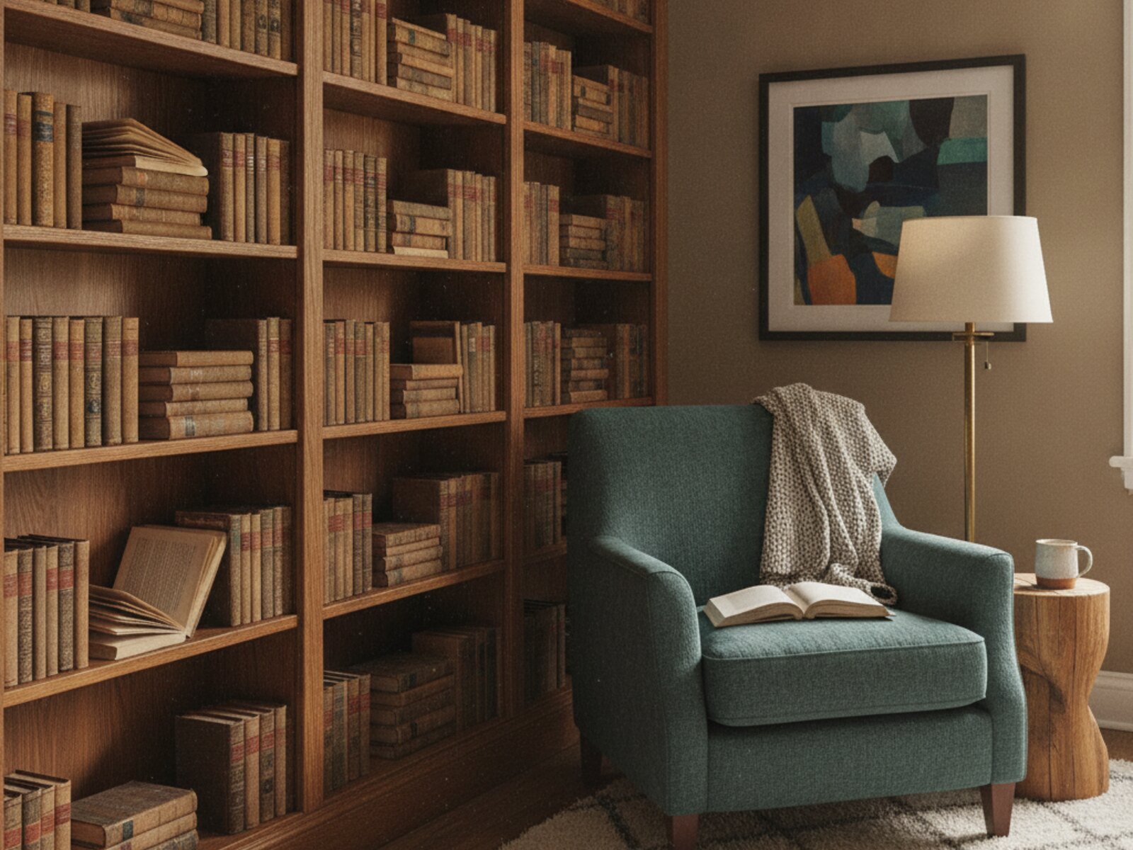 A warm wooden bookshelf filled with well read books