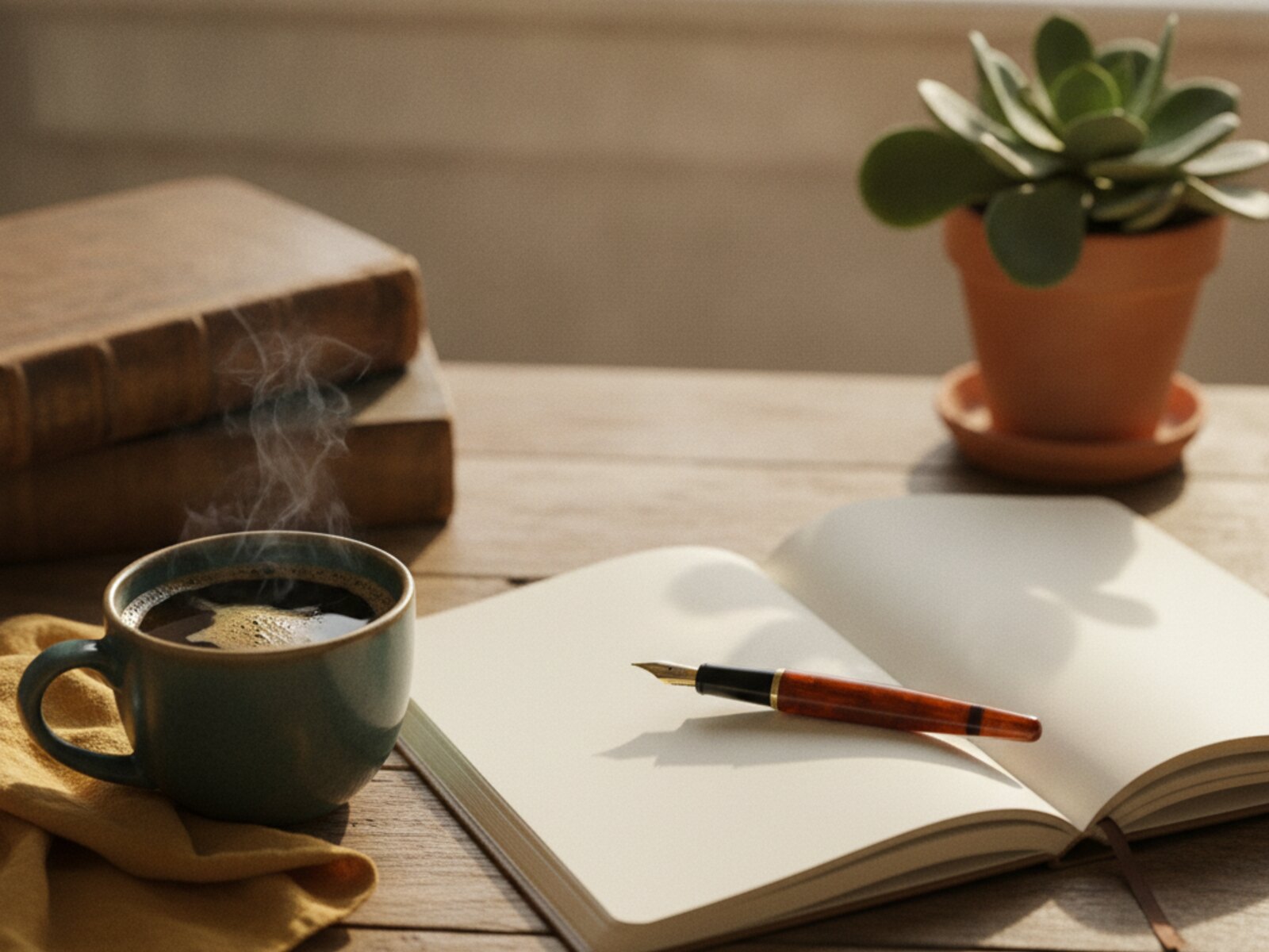 An open notebook and a cup of coffee on a writing desk in morning light