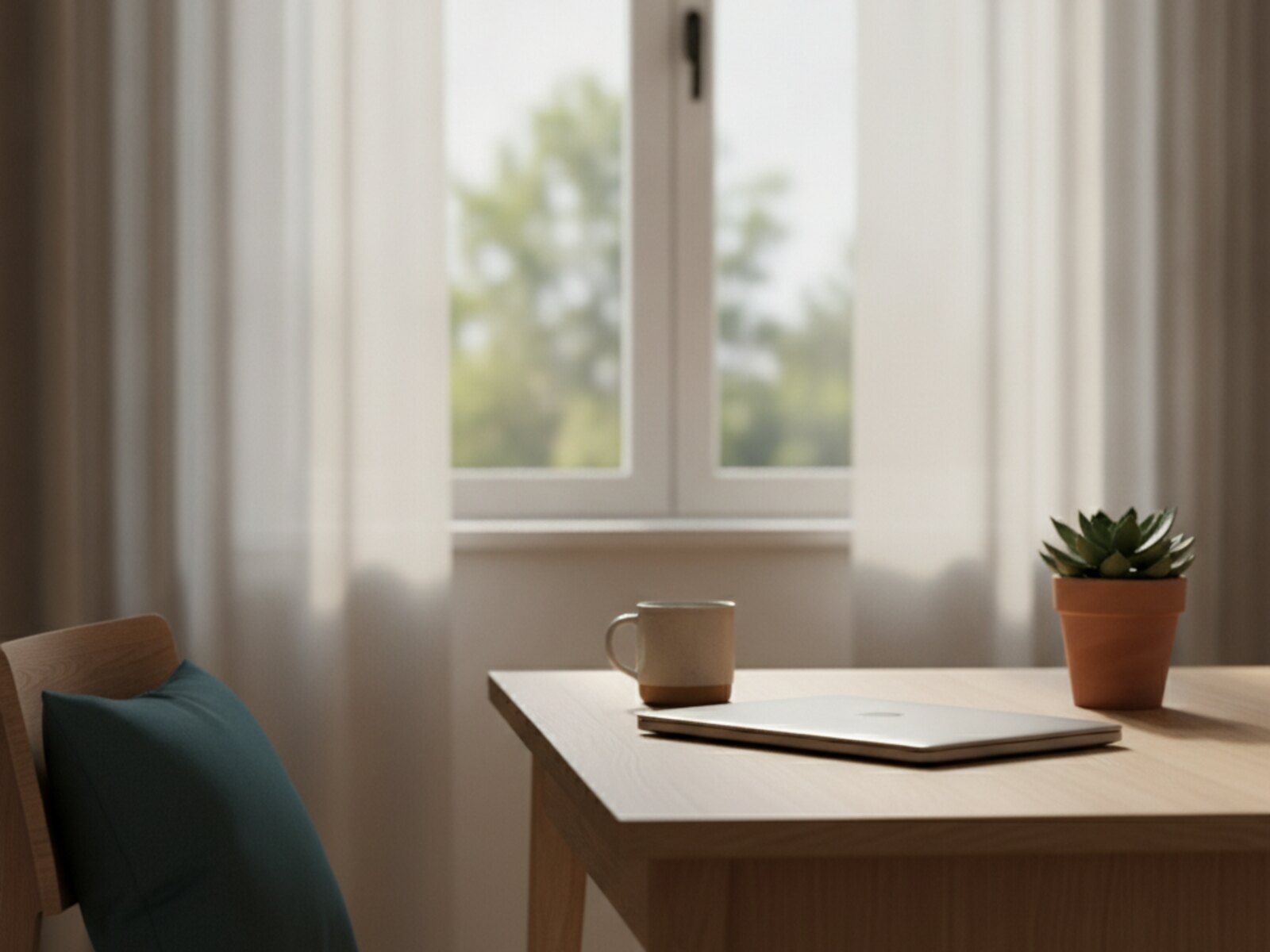 A sunlit desk beside a window with a closed laptop and a small plant